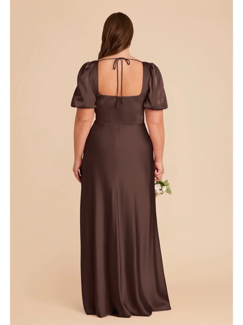 Birdy Grey Satin Square-Neck Puff Sleeve Maxi Dress in Chocolate - Picture 2 of 2